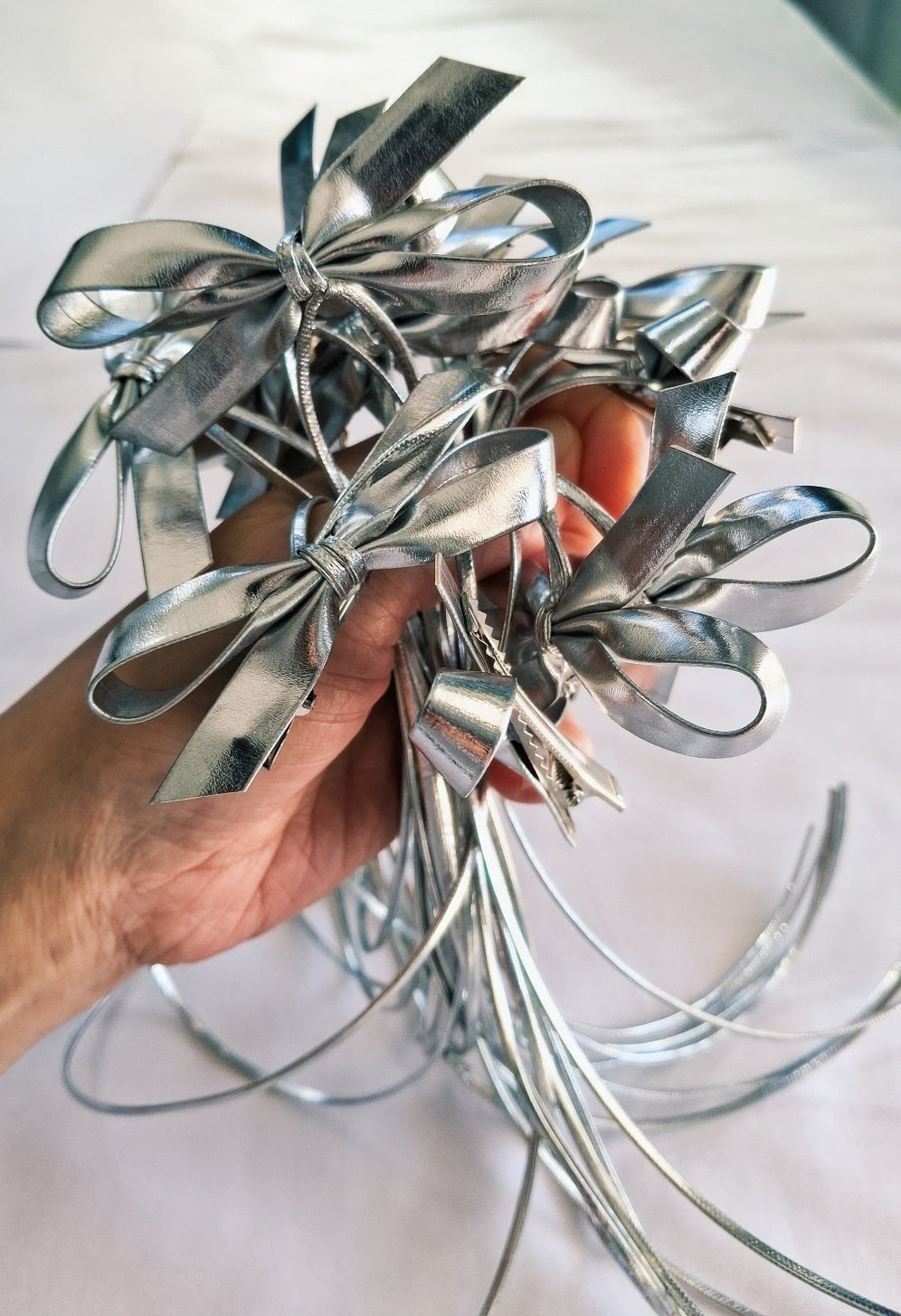 Metallic Silver Long Tail Bow Hair Clip | Handmade Ribbon Accessory