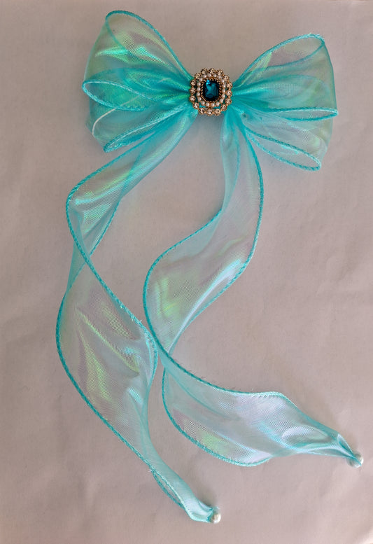 Crystal Jewel Organza Ribbon Hair Clip | Pearl-Tipped Long Bow