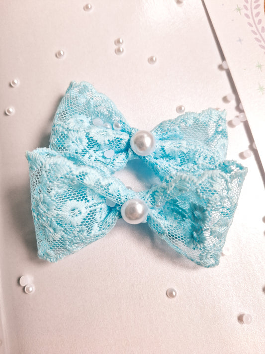Baby Blue Lace Pearl Hair Clip Set | 2-Piece Elegant Ribbon Bows
