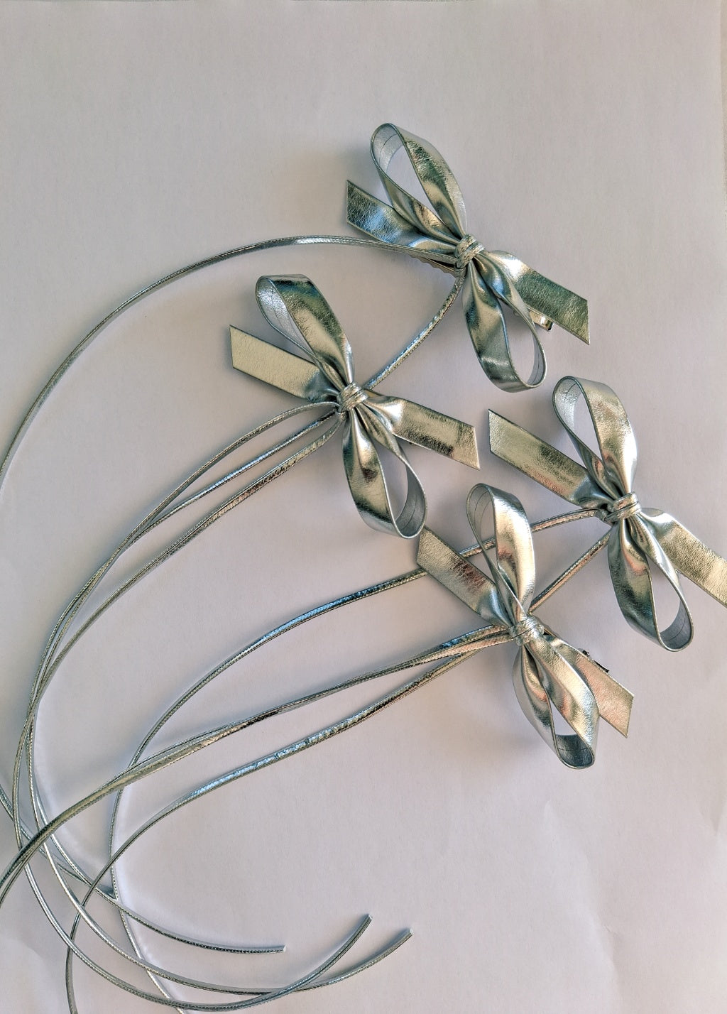 Metallic Silver Long Tail Bow Hair Clip | Handmade Ribbon Accessory