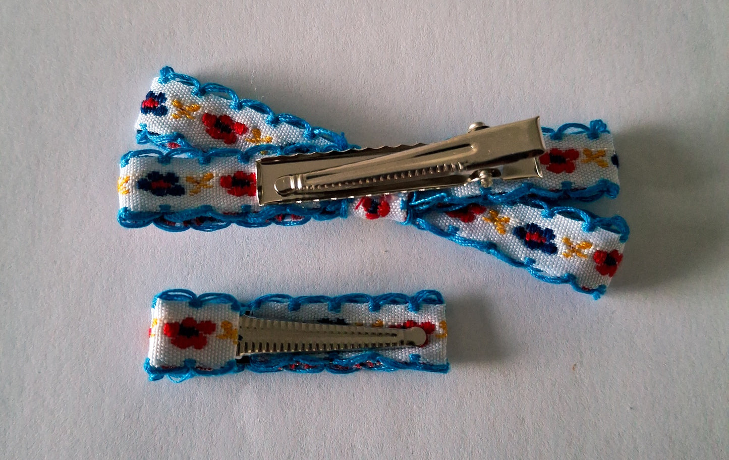 Floral Embroidered Ribbon Hair Clip Set | Handmade Vintage Bows