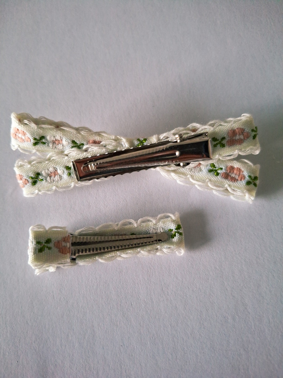 Floral Embroidered Ribbon Hair Clip Set | Handmade Vintage Bows