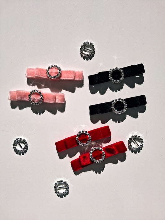 Velvet Ribbon Hair Clip Set | 2-Piece Rhinestone Bow Accessories