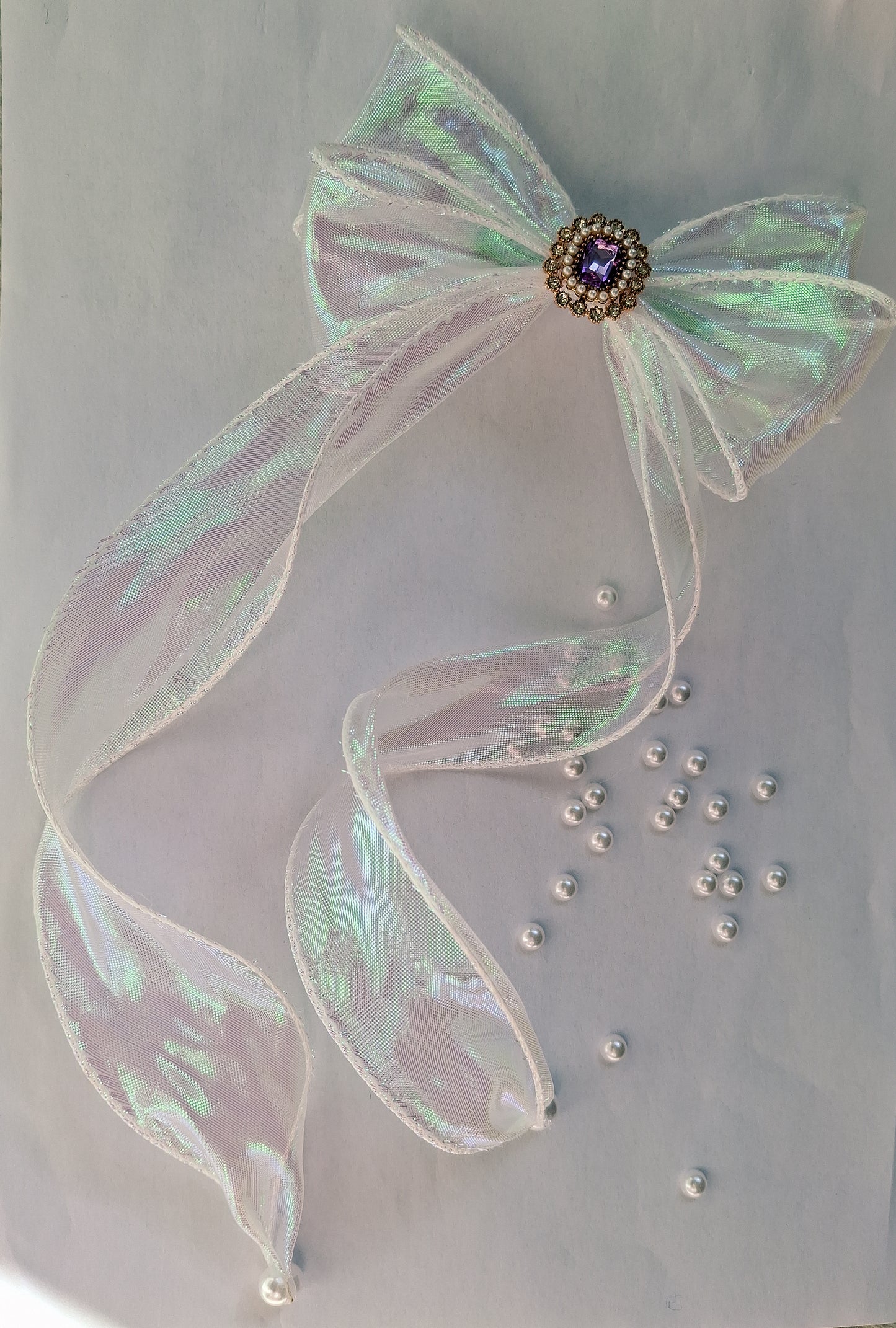 Crystal Jewel Organza Ribbon Hair Clip | Pearl-Tipped Long Bow