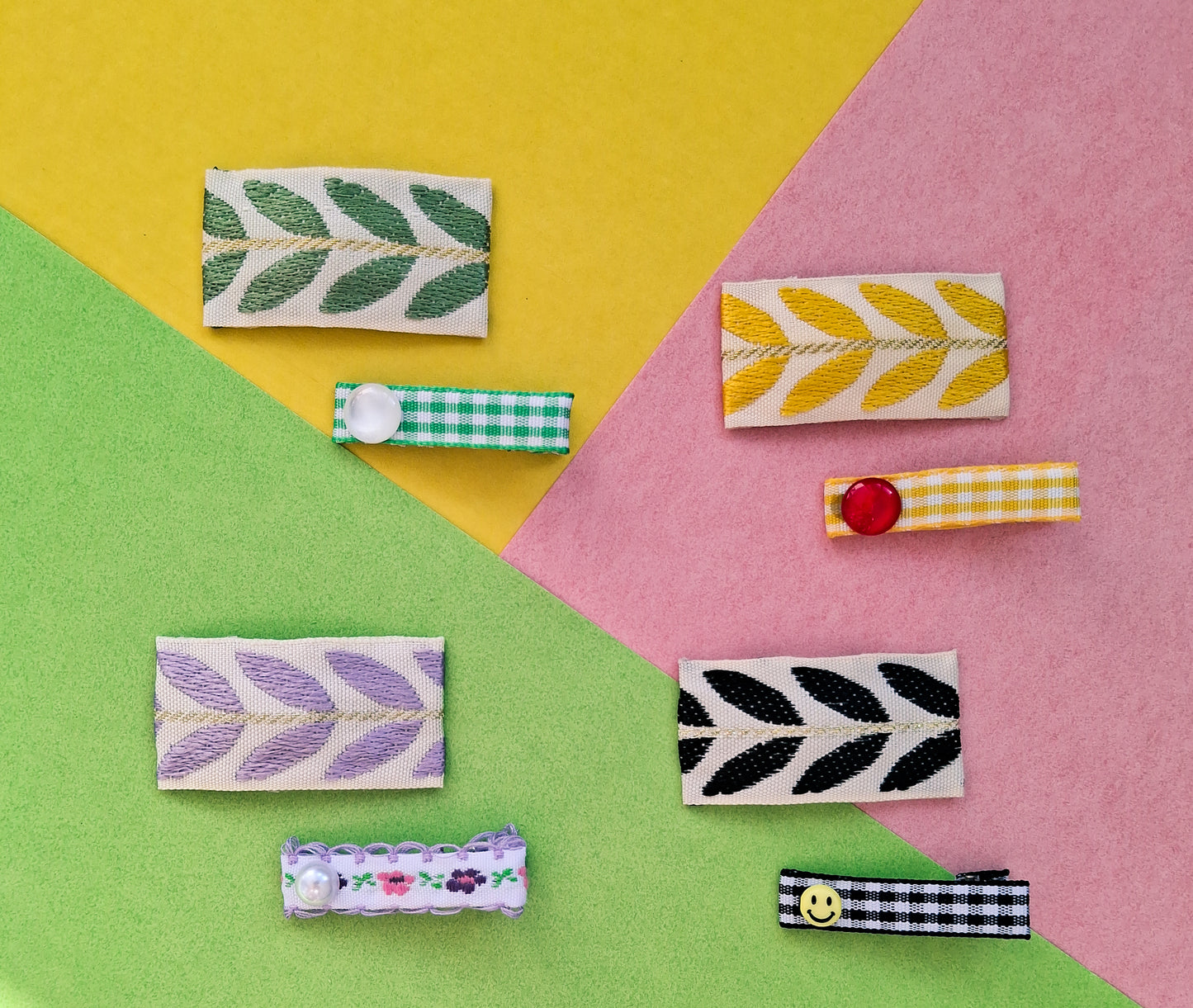 Vintage Embroidered & Gingham Hair Clip Set | 2-Piece Snap & Crocodile Clips