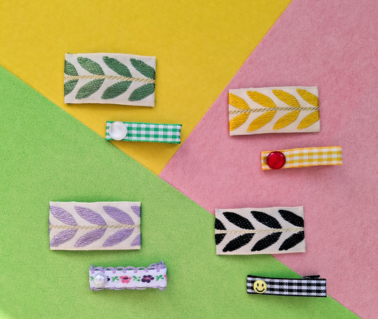 🌿 Vintage Embroidered & Gingham Hair Clip Set (2pcs) | 5cm Snap & 4cm Crocodile Clips for Girls