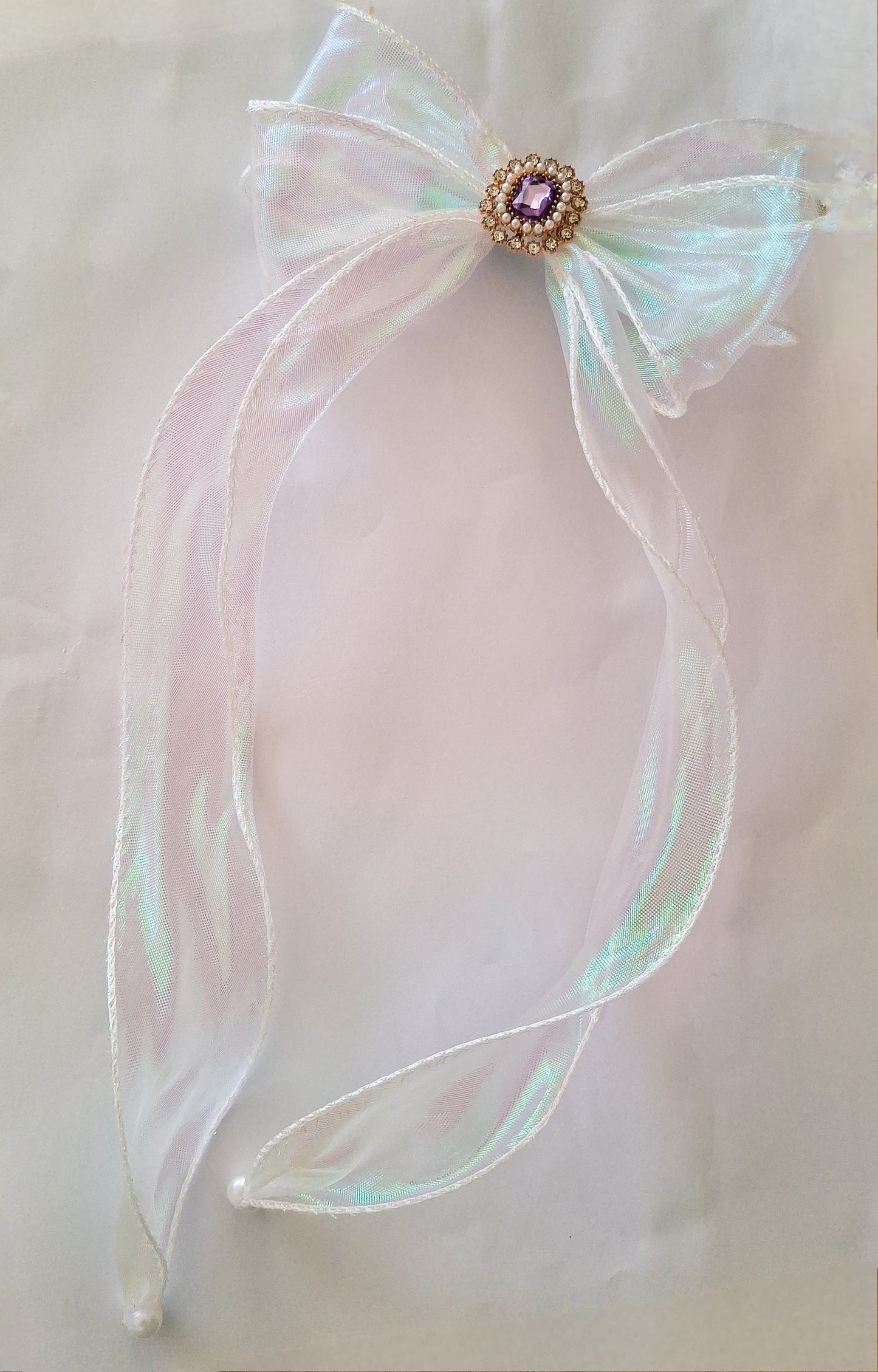 Crystal Jewel Organza Ribbon Hair Clip | Pearl-Tipped Long Bow