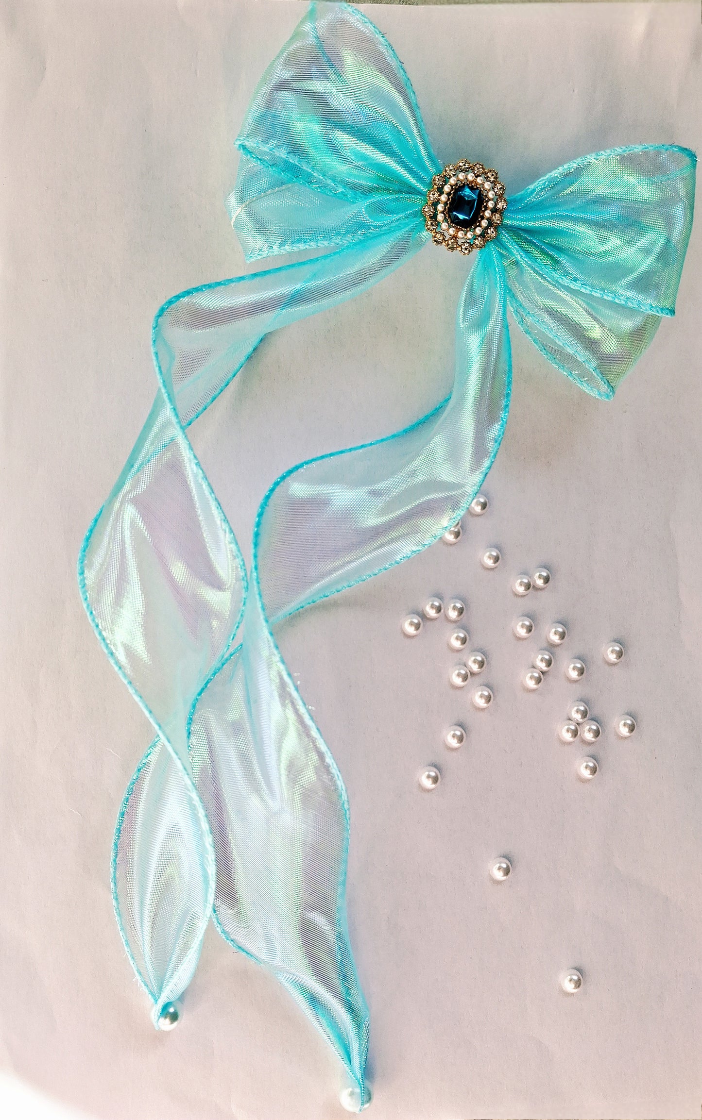 Crystal Jewel Organza Ribbon Hair Clip | Pearl-Tipped Long Bow