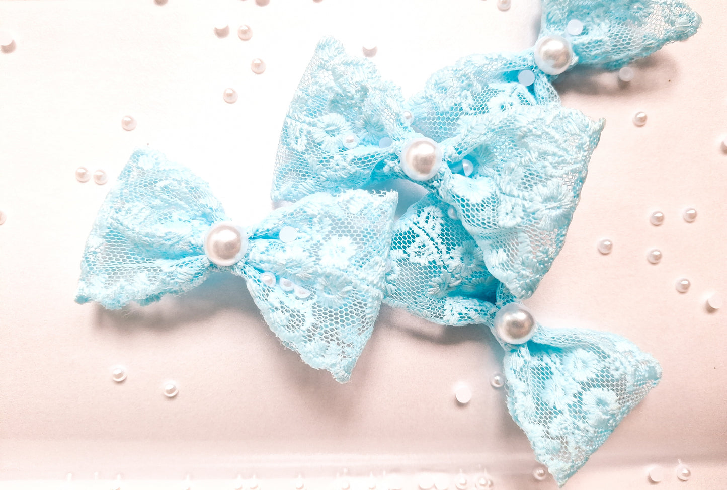 Baby Blue Lace Pearl Hair Clip Set | 2-Piece Elegant Ribbon Bows