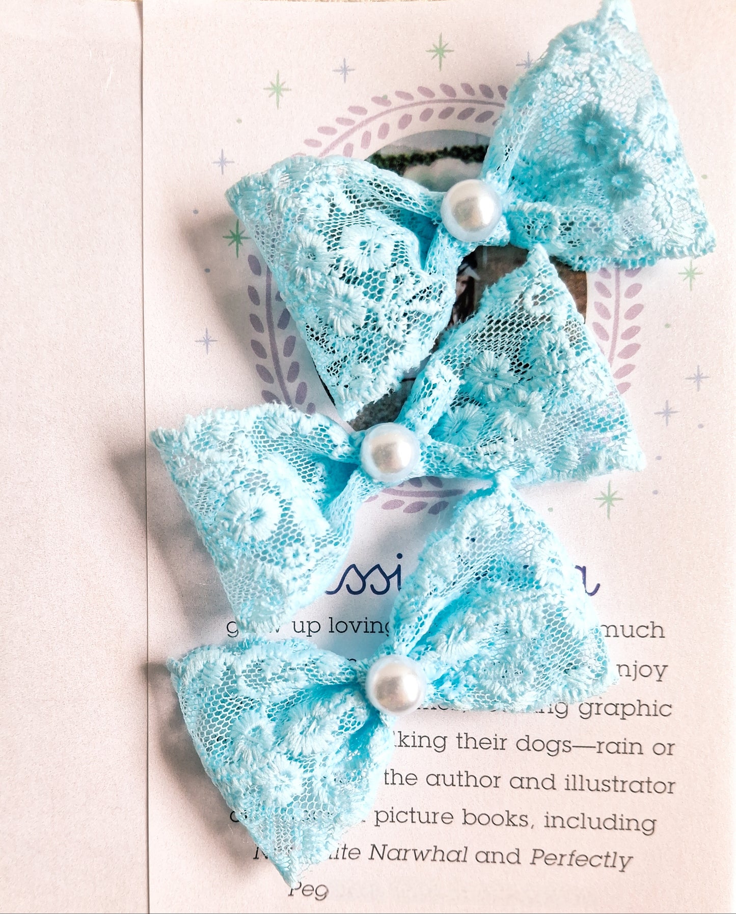 Baby Blue Lace Pearl Hair Clip Set | 2-Piece Elegant Ribbon Bows