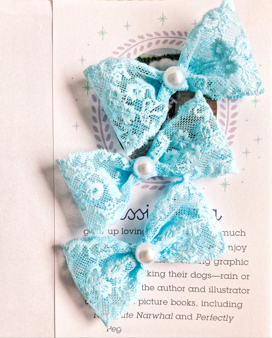 Baby Blue Lace Pearl Hair Clip Set | 2-Piece Elegant Ribbon Bows